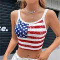 US flag print crop top for women, sleeveless scoop neck summer casual streetwear tank top. - S / Tops / US Flag Print