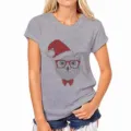 Grijs dames t-shirt met korte mouwen en een leuke uil print met kerstmuts en bril. - S / Grijs