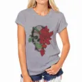 Grijs dames t-shirt met ronde hals en korte mouwen met coole schedel en rode roos. - S / Grijs