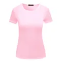 Detailed view of the pink solid color short sleeve women t-shirt, showing soft fabric texture. - S / Pink