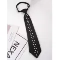 Black pre-tied JK tie with elegant white pearl embellishments, perfect for school uniform style. - Style D4