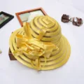 Yellow organza women sun hat detail, elegant beach hat with ribbon bow for summer vacation. - M (56-58cm) / Yellow