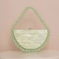 Green semi-circle acrylic evening clutch bag with pearl handle elegant vintage handbag. - Light Green