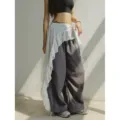 Streetwear wide leg pants with white ruffle hip skirt overlay, chic dance fashion outfit for women. - White Belt