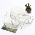 White organza sun hat with large flower decoration, elegant beach sun protection cap for women. - One Size (Adjustable) / White