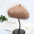 Detailed view of women autumn winter woolen beret hat with elegant mesh veil retro style. - Adjustable / Extra Long Gauze - Mocha