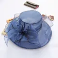 Blue organza sun hat with large mesh flower, elegant beach sun protection hat for women. - One Size (Adjustable) / Dark Blue