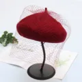 Autumn winter red wool beret hat with elegant mesh veil british style retro painter hat detail - Adjustable / Extended Tulle - Wine Red