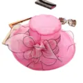 Pink organza sun hat with mesh flower and pearl details for beach summer chic style. - One Size (Adjustable) / Rose Red
