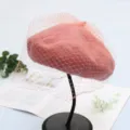 Pink wool beret with elegant mesh veil detail, stylish retro autumn accessory for women. - Adjustable / Extra Long Gauze - Pink