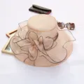 Beige organza sun hat for women, summer beach hat with elegant mesh flower and wide brim. - One Size (Adjustable) / Flesh Pink