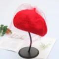 Red wool beret with mesh veil detail, elegant vintage painter hat for autumn and winter style. - Adjustable / Extra Long Gauze - Bright Red