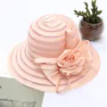 Elegant women's organza sun hat in light pink, featuring a chic ribbon and large flower decor. - M (56-58cm) / Flesh Pink