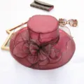 Burgundy organza sun hat for women, elegant floral sheer mesh wide brim beach hat. - One Size (Adjustable) / Burgundy