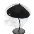 Classic black wool beret with elegant face veil, stylish vintage retro painter hat for women. - Adjustable / Extended Tulle - Black