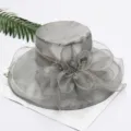 Grey organza sun hat for women, elegant floral mesh beach hat with wide brim for summer. - One Size (Adjustable) / 202 Solid Color Grey