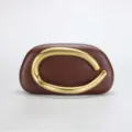 Brown leather evening clutch bag with unique curved gold metal handle for party and gifts - Leather Coffee