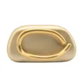 Elegant metallic gold evening clutch bag with unique sculptural handle for parties and banquets. - Leather Gold