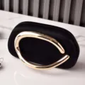 Black evening clutch bag for women, elegant PU leather purse with stylish golden metal handle. - Black