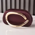 Wine red PU leather evening clutch bag with elegant golden curved metal handle for women party. - Burgundy