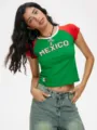 Y2K Kurzes T-Shirt Raglan Kurzarm mit Mexico Buchstaben Druck Kontrastfarben für Damen. - S / Oberteile / Colorblocking