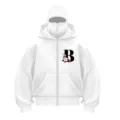 Detailed view of white zip-up hoodie with integrated balaclava mask and floral B letter print. - S / Letter B Print / White