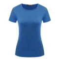 Gedetailleerd overzicht van effen blauw dames t-shirt met korte mouwen, casual zomertop. - S / Groen