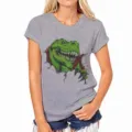 Grijs t-shirt met korte mouwen voor dames met een stoere groene dinosaurusprint. - S / Grijs