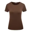 Brown short sleeve t-shirt close up, casual crew neck slim fit basic top detail view. - S / Coffee