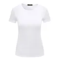 Detailopname van wit korte mouw crew neck t-shirt stof en kraag label weergave. - S / Wit