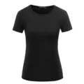 Details van zwart T-shirt met korte mouwen,effen slanke pasvorm ronde hals top design. - S / Zwart