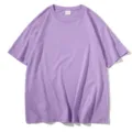 Close-up view of the casual solid purple short sleeve t-shirt collar and soft fabric details. - S / Lavender