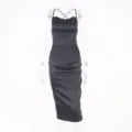 Elegant black satin slip dress for women, stylish sleeveless midi dress with criss-cross straps. - S / Black