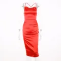 Elegant red satin slip midi dress featuring a cowl neck and chic back straps for women. - S / Red