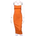 French style hot selling women orange slip midi dress, elegant slim fit casual party wear. - S / Orange Red