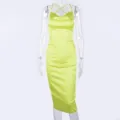 Lime green satin slip dress, elegant spaghetti strap midi dress for women fashion apparel. - S / Green