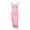 Pink Satin Slip Dress Elegant French Style Spaghetti Strap Bodycon Midi Dress For Women - Pink