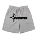 Detailed view of grey cotton-blend sweat shorts featuring a prominent black star and NOFS print. - S / Gray