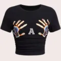 Damen lässiges Slim Fit Rundhals Kurzarm Crop Top T-Shirt mit bedrucktem Buchstabe A - S / Stil A