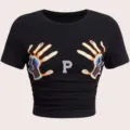 Damen Lässige Schlanke Rundhalsausschnitt Kurzarm Bedruckt Crop T-Shirt Schwarz Top - S / Stil P