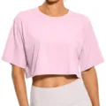 Gedetailleerd overzicht van het roze korte sporttshirt, met zachte stof en comfortabele pasvorm. - S / Roze