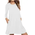 Detailed view of the solid white long-sleeve swing dress featuring side pockets and round neck. - S / White