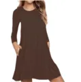 Solid Color Long Sleeve Pocket Swing Dress Casual Loose Round Neck Mini Dress For Women - Coffee