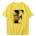 Yellow short sleeve t-shirt featuring a large floral letter F print for women daily wear. - S / Tops / Letter F