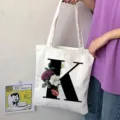 Borsa tote in tela con design lettera K floreale, borsa a tracolla casual per donna uso quotidiano. - Lettera K / 15x13