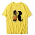 Casual yellow short-sleeve t-shirt featuring a stylish floral letter R graphic print design. - S / Tops / Letter R