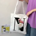 Borsa tote in tela con lettera N e stampa floreale, borsa a spalla casual per donna. - Lettera N / 15x13