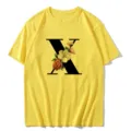 Yellow short sleeve t-shirt with black letter X and floral print, casual women's summer top. - S / Tops / Letter X