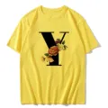 Yellow short sleeve women t-shirt with letter Y and floral print casual summer top - S / Letter Y