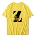 Yellow short sleeve t-shirt with floral letter Z print, casual everyday summer women top. - S / Letter Z
